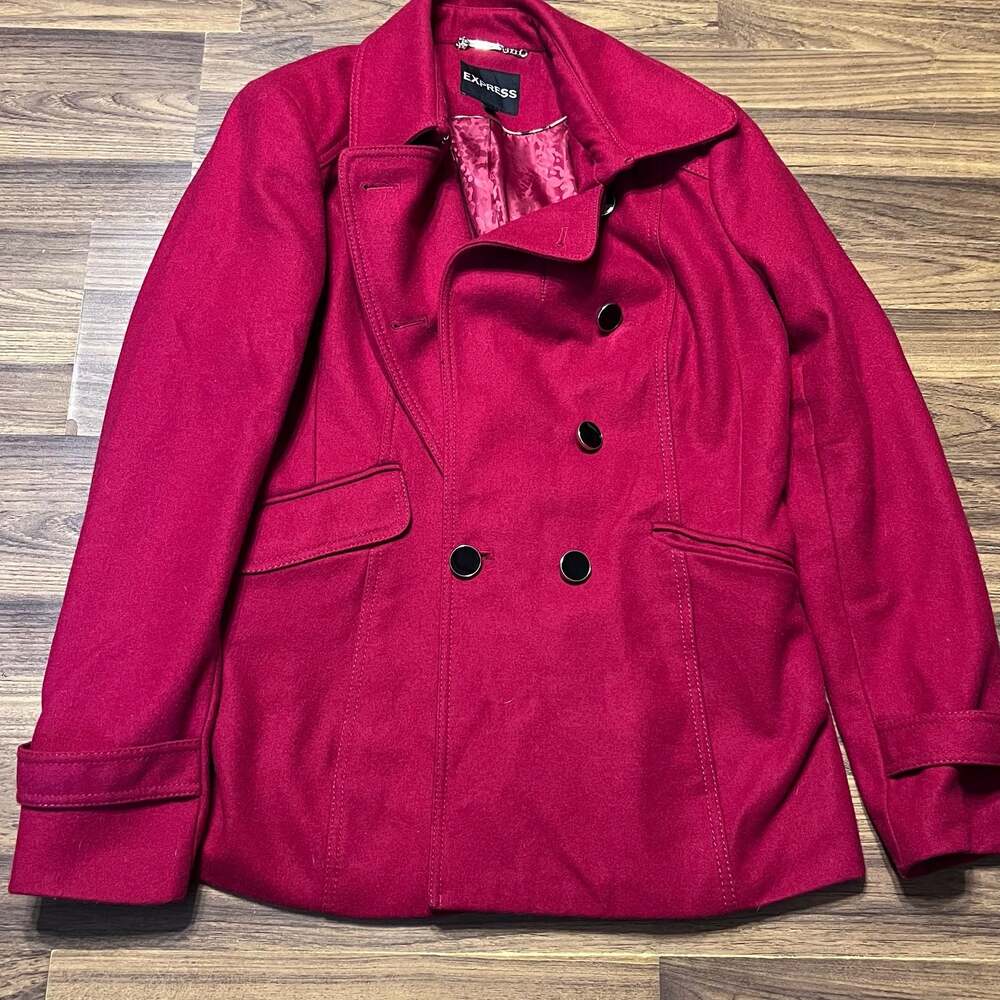 Express Women's Red Double-Breasted Wool Blend Pea Coat
